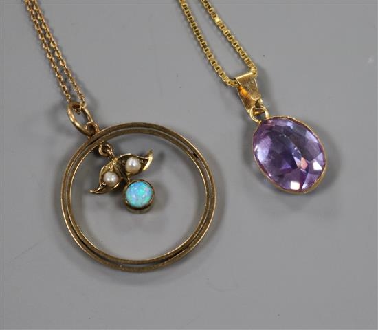 A 14K yellow gold herringbone chain (clasp marked 9K), a similar 10K gold chain and two pendant necklaces,